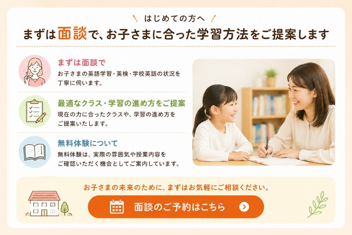 はじめての方へ！
まずは面談で、お子さまに合った学習方法をご提案します
まずは面談で
お子さまの英語学習・英検・学校英語の状況を丁寧に伺います。
最適なクラス・学習の進め方をご提案
現在の力に合ったクラスや、学習の進め方をご提案いたします。
無料体験について
無料体験は、実際の雰囲気や授業内容をご確認いただく機会としてご案内しています。
お子さまの未来のために、まずはお気軽にご相談ください。
面談のご予約はこちら